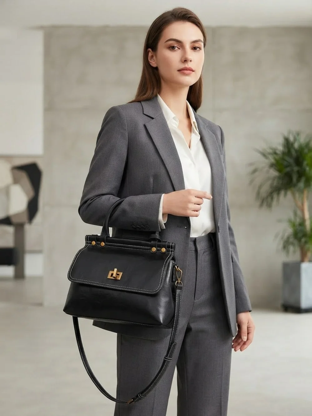 Women’s Black Leather Satchel with Gold Hardware